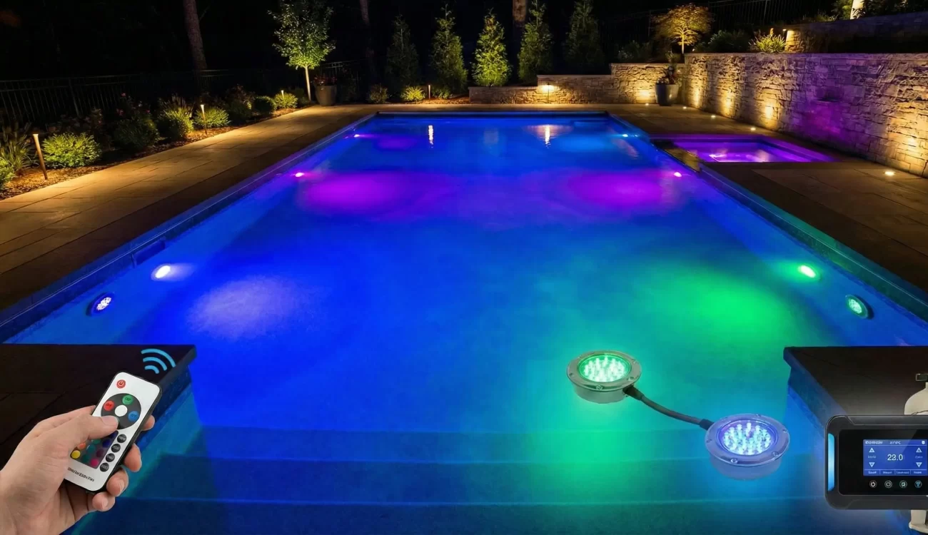Luces LED para piscinas tipo RGB iluminando de noche.